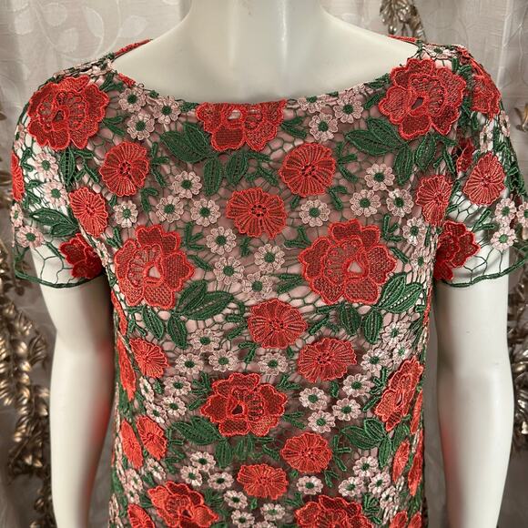 Tahari Floral Embroidered Lace Dress Pink Green Red 14 Elegant Cocktail - Picture 6 of 12